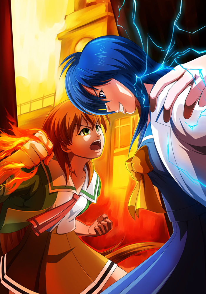 akai_homura, blue_eyes, blue_hair, brown_hair, building, clenched_hands, crossover, electricity