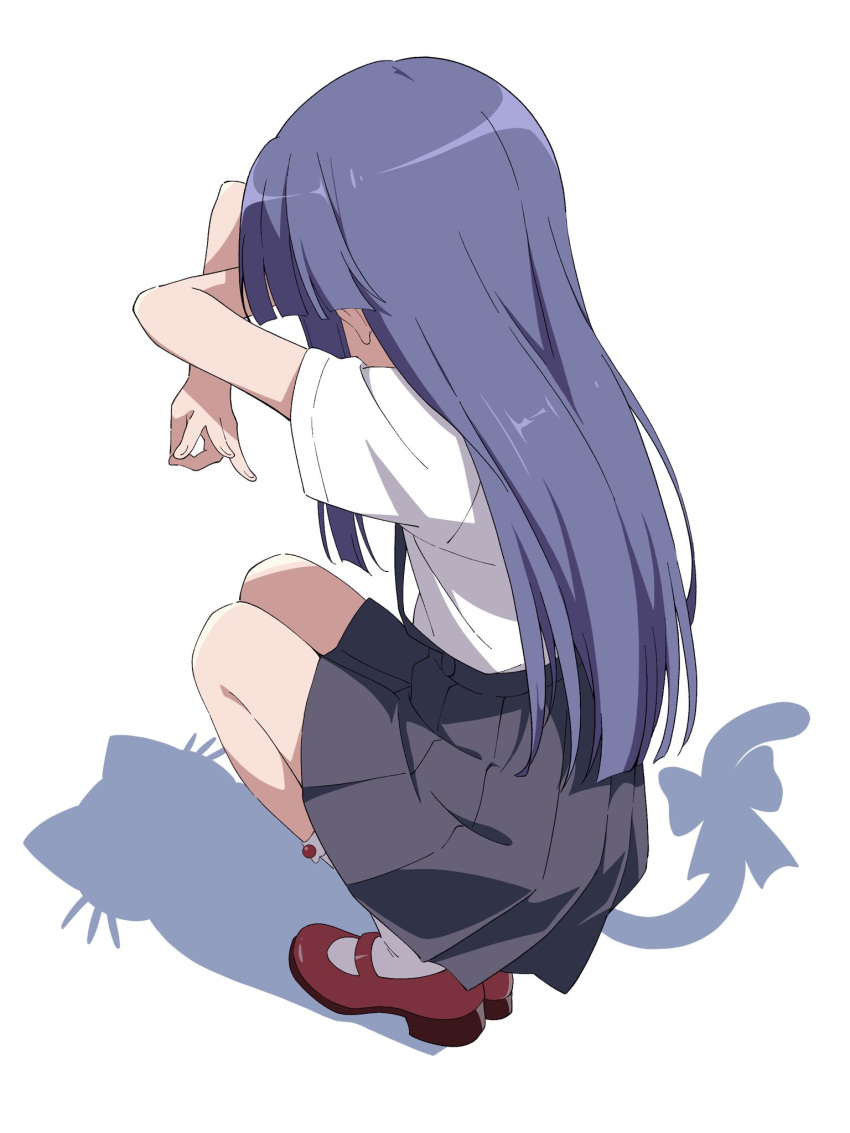 1girl, black_skirt, blue_hair, blunt_bangs, cat_shadow_puppet_(meme), cat_tail, full_body, furude_rika