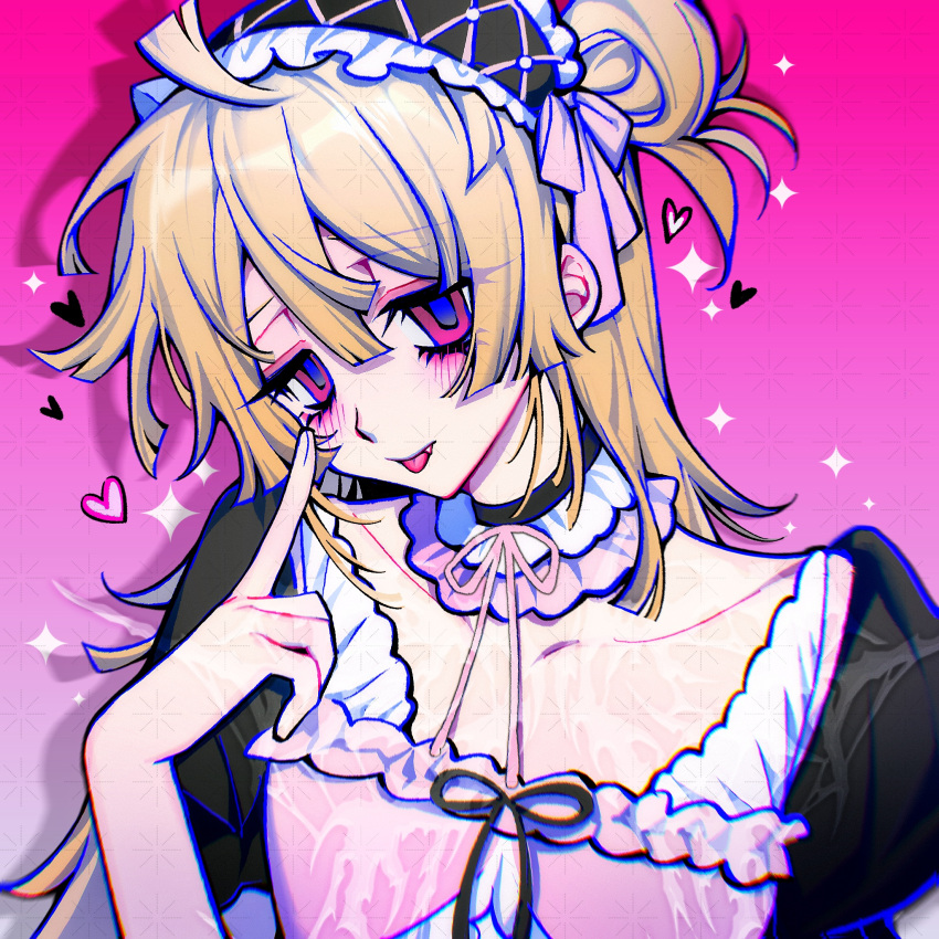 1girl, ahoge, akanbe, blonde_hair, blue_pupils, choker, commentary, commission, eyelashes, eyelid_pull, fang, hair_between_eyes, hair_bun, hairband, hand_up, heart, highres, index_finger_raised, ka_de_niujiao_bao, lolita_fashion, lolita_hairband, long_hair, looking_at_viewer, multicolored_choker, original, pink_background, pink_choker, pink_eyes, short_sleeves, single_hair_bun, solo, sparkle, tongue, tongue_out, untranslatable_commentary, white_choker