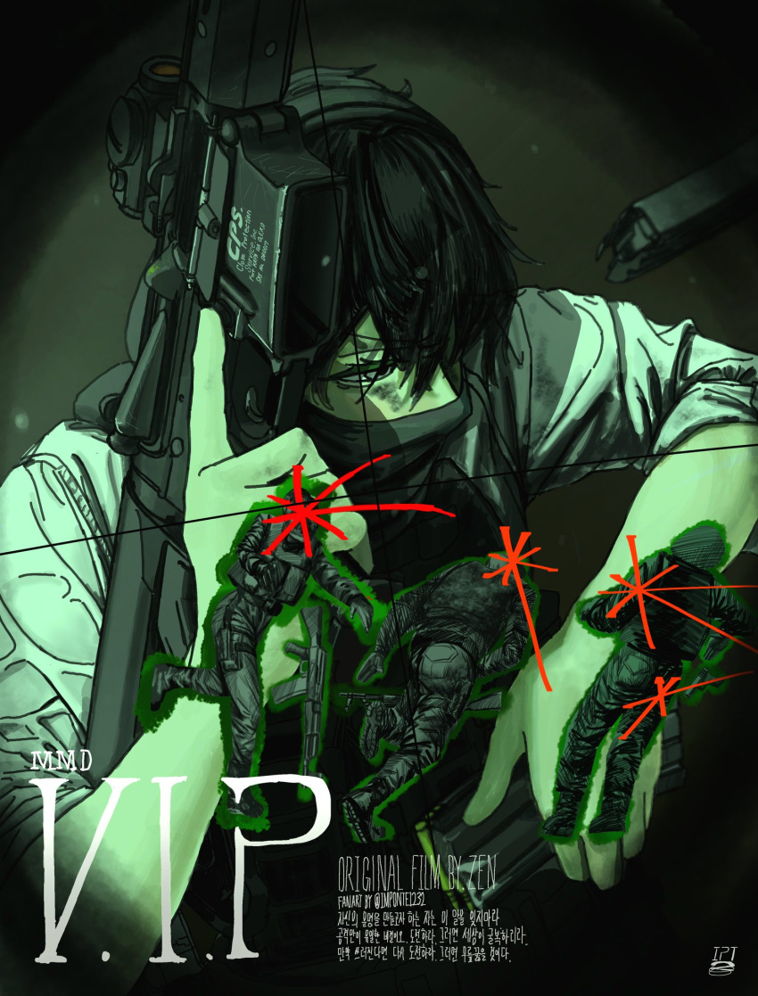 1girl, ak-74m, akm, ar-15, assault_rifle, black_hair, commentary, earphones