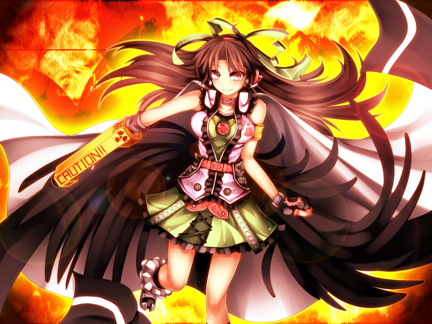 adapted_costume, arm_cannon, bare_shoulders, black_hair, black_wings, bow, cape, fingerless_gloves