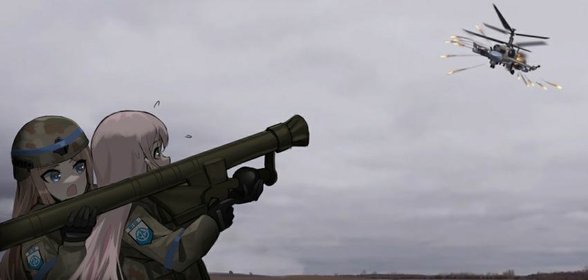 aiming, anti-aircraft, anti-aircraft_missile, blue_armband, blue_eyes, fim-92_stinger, flare, grey_sky, helicopter, helmet, ka-52, long_hair, military, military_uniform, multiple_girls, original, pink_hair, rocket_launcher