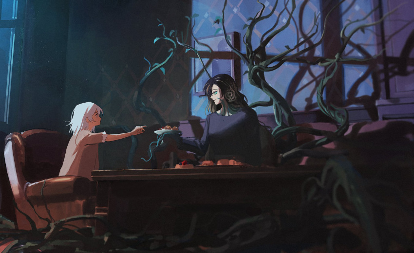 2girls, 789illust, armchair, black_flower, black_hair, black_rose, blue_sclera, chair
