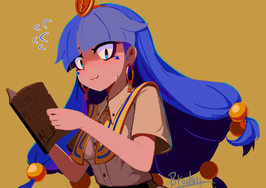 1girl, :3, artist_name, blue_hair, blunt_bangs, book, brodall_pixel, brown_shirt