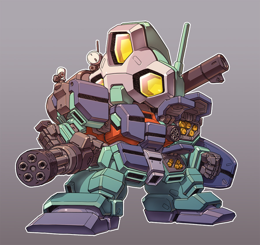 after_war_gundam_x, armor, chibi, commentary_request, daughtress, full_armor, full_body, gatling_gun