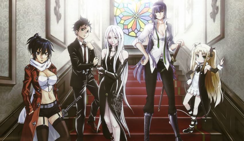 astarotte_no_omocha, astarotte_ygvar, busujima_saeko, cleavage, deadman_wonderland, elbow_gloves, garter_belt, highschool_of_the_dead, igarashi_ganta, katana, lotte_no_omocha!, manyuu_chifusa, manyuu_hikenchou, shiro, shiro_(deadman_wonderland), stockings, sword, weapon
