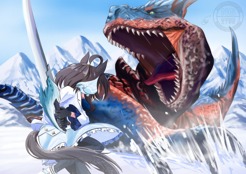 1girl, ahoge, animal_ears, brown_hair, character_request, commentary_request, daring_tact_(umamusume), fang