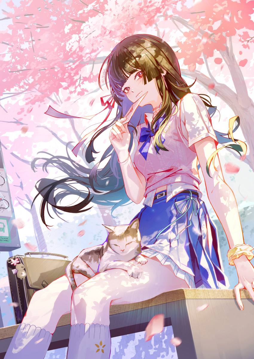 1girl, absurdres, animal_on_lap, bag, black_hair, blue_skirt, bow, bowtie, breasts, cat, cat_on_lap, chisa_(wuthering_waves), closed_mouth, commentary, feet_out_of_frame, from_side, hair_ribbon, highres, holding, holding_letter, jelmul, kneehighs, letter, long_hair, looking_at_viewer, medium_breasts, official_alternate_costume, on_lap, outdoors, petals, pink_eyes, pink_petals, pink_ribbon, pink_vest, purple_bow, purple_bowtie, ribbon, samsung, school_bag, shirt, short_sleeves, sitting, skirt, smile, socks, solo, vest, white_shirt, white_socks, wind, wuthering_waves