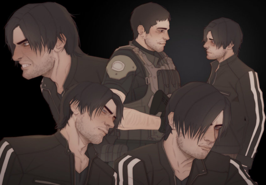 2boys, angry, arm_hair, armor, beard_stubble, blue_eyes, brown_hair, chris_redfield