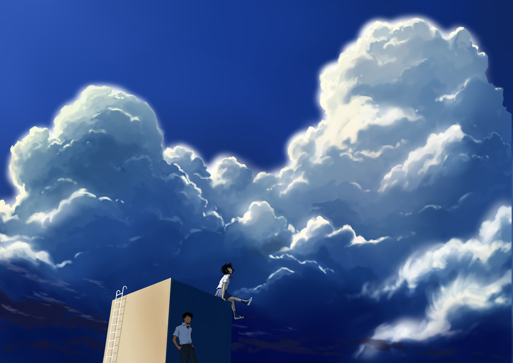 cloud, goke_shike_(altamira05), ladder, original, rooftop, school_uniform, short_hair, sky