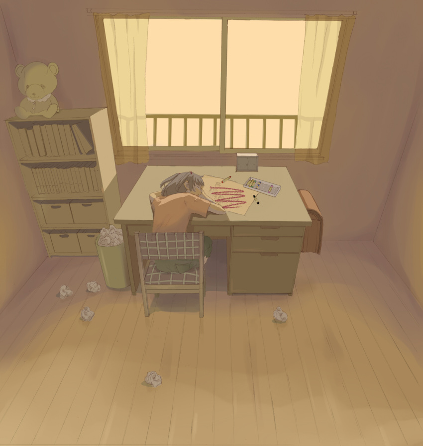 bookshelf, chair, clock, crayon, desk, drawings, from_behind, goke_shike_(altamira05)