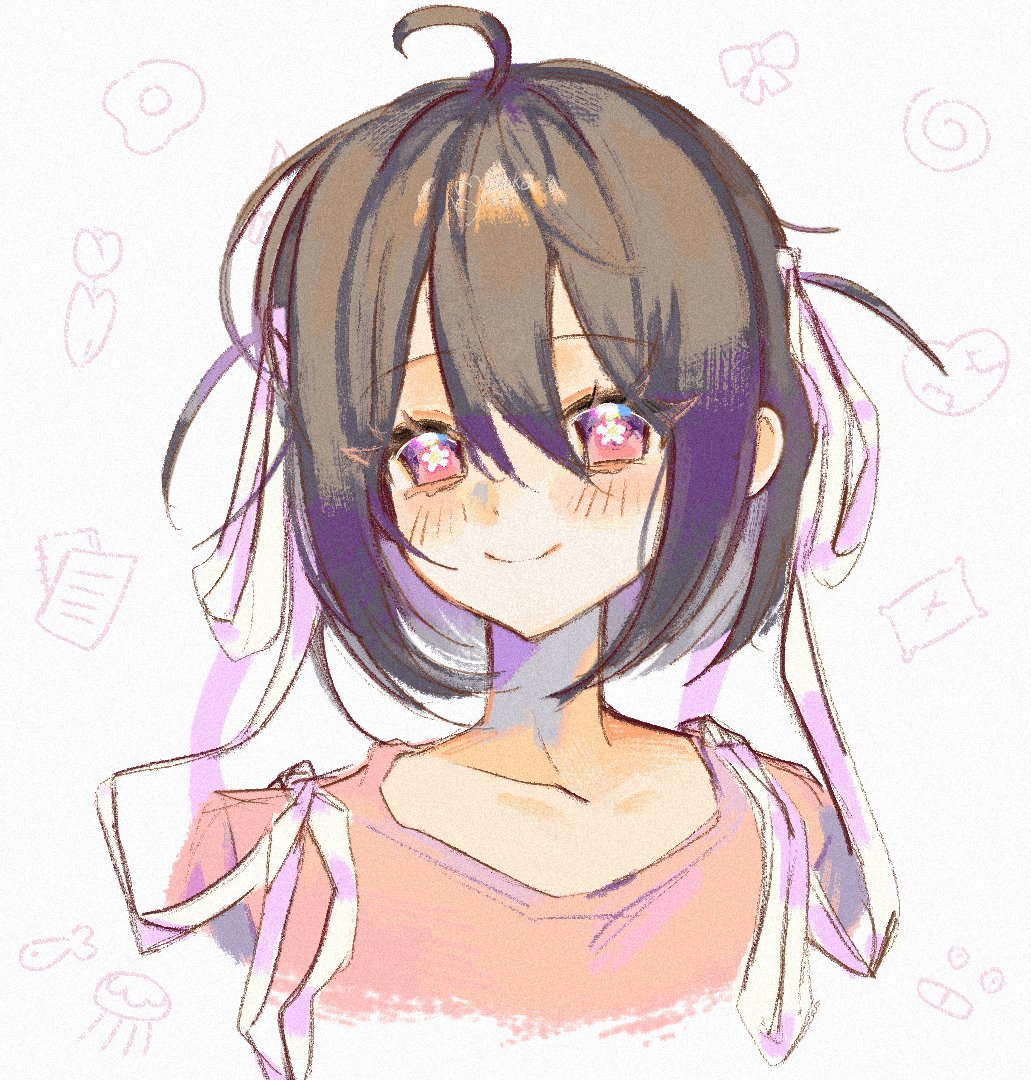 1girl, ahoge, blush, bob_cut, bright_pupils, brown_hair, closed_mouth, collarbone, commentary, cropped_shoulders, double-parted_bangs, eyes_visible_through_hair, film_grain, flower-shaped_pupils, hair_between_eyes, hair_ribbon, looking_at_viewer, mulltillnull, orange_shirt, original, pink_eyes, ribbon, shirt, short_hair, side_ahoge, sidelocks, simple_background, smile, solo, symbol-shaped_pupils, tareme, two_side_up, white_background, white_pupils, white_ribbon