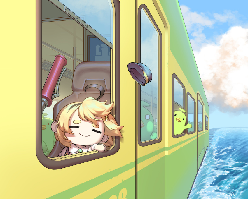 1girl, absurdres, ahoge, bilingual_commentary, blonde_hair, chibi, closed_eyes, clouds