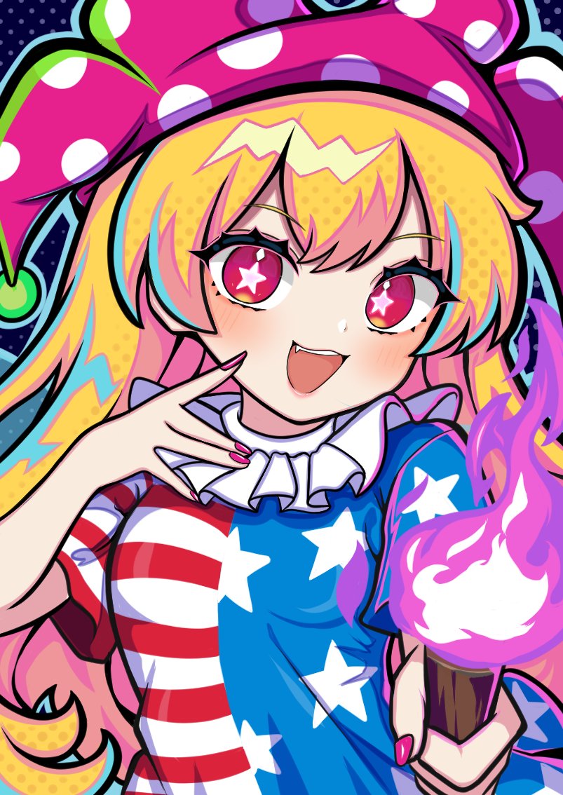 1girl, american_flag, american_flag_dress, american_flag_print, blonde_hair, clownpiece, commentary_request, dress