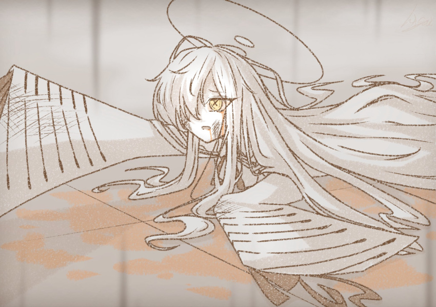 1girl, begging, bleeding, blood, blood_from_mouth, blue_archive, colored_skin, cosplay, hair_over_one_eye, halo, hazai-san, highres, large_hat, lobotomy_corporation, long_hair, looking_at_another, lying, malkuth_(blue_archive), malkuth_(project_moon), malkuth_(project_moon)_(cosplay), messy_hair, name_connection, on_floor, on_stomach, orange_blood, parody, project_moon, reaching, reaching_towards_another, scene_reference, solo, spoilers, symbol-shaped_pupils, white_hair, white_skin, x-shaped_pupils, yellow_eyes