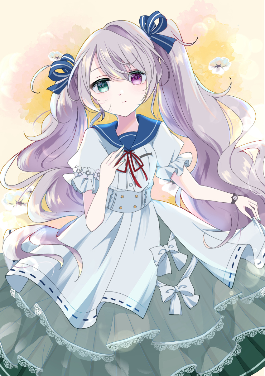 1girl, 25-ji_miku, absurdres, aqua_nails, blue_ribbon, blue_sailor_collar, closed_mouth, commentary_request