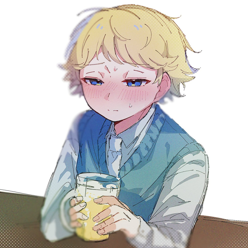 1boy, alcohol, beer, beer_mug, blonde_hair, blue_eyes, blue_sweater_vest, blurry