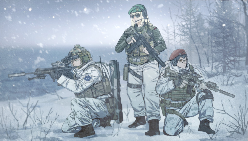 1boy, 2girls, anti-tank_grenade, assault_rifle, beret, boots, bulletproof_vest, commentary