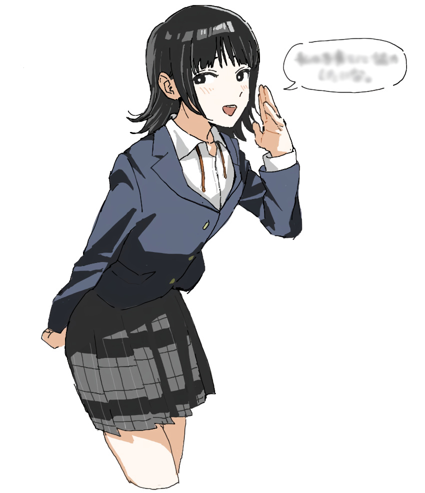 1girl, black_eyes, black_hair, blush, cropped_legs, famichiki_100, highres, jacket, looking_at_viewer, open_mouth, original, pleated_skirt, school_uniform, simple_background, skirt, smile, solo, speech_bubble, whispering, white_background, yuuka_(tanaka_hirotaka)