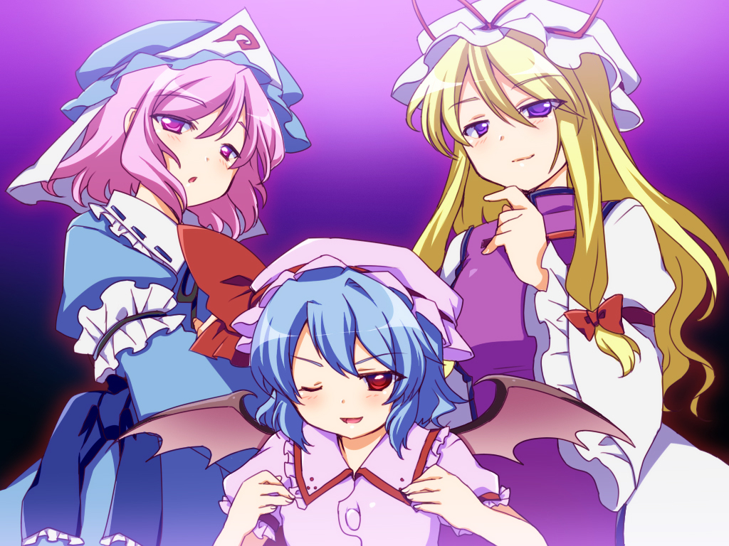 adaajt, bat_wings, blonde_hair, blue_dress, dress, hair_ribbon, hands_on_own_chest, hands_to_chest