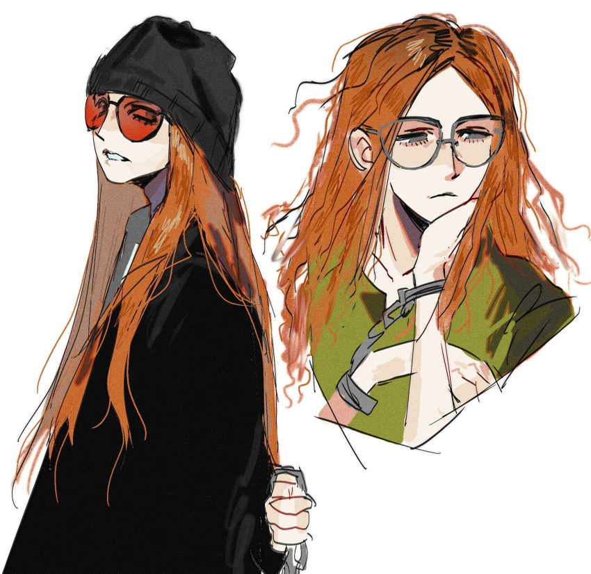 1girl, animification, bare_arms, beanie, black-framed_eyewear, black_hat, black_shirt, brenda_spencer, clenched_teeth, cropped_torso, cuffs, curly_hair, empty_eyes, expressionless, film_grain, glasses, green_shirt, grey-framed_eyewear, grey_eyes, handcuffs, hat, highres, kj00047, long_hair, long_sidelocks, long_sleeves, looking_at_viewer, looking_down, messy_hair, multiple_views, no_pupils, orange_hair, pale_skin, real_life, red-tinted_eyewear, shirt, sidelocks, sideways_glance, simple_background, straight_hair, sunglasses, teeth, tinted_eyewear, true_crime, upper_body, very_long_hair, white_background