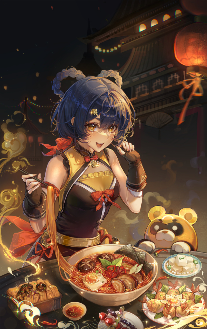 1girl, 1other, absurdres, architecture, bare_shoulders, black_gloves, blue_hair, bow, bowl, braid, building, char_siu, chili_pepper, chinese_clothes, chopsticks, east_asian_architecture, egg, fingerless_gloves, food, genshin_impact, gloves, guoba_(genshin_impact), hair_ornament, hair_rings, hairclip, highres, holding, holding_chopsticks, lantern, looking_at_viewer, mushroom, noodles, omelet, open_mouth, paper_lantern, plate, ramen, red_bow, saii0narry, short_hair, sitting, smile, table, tamagoyaki, tofu, upper_body, xiangling_(genshin_impact), yellow_eyes
