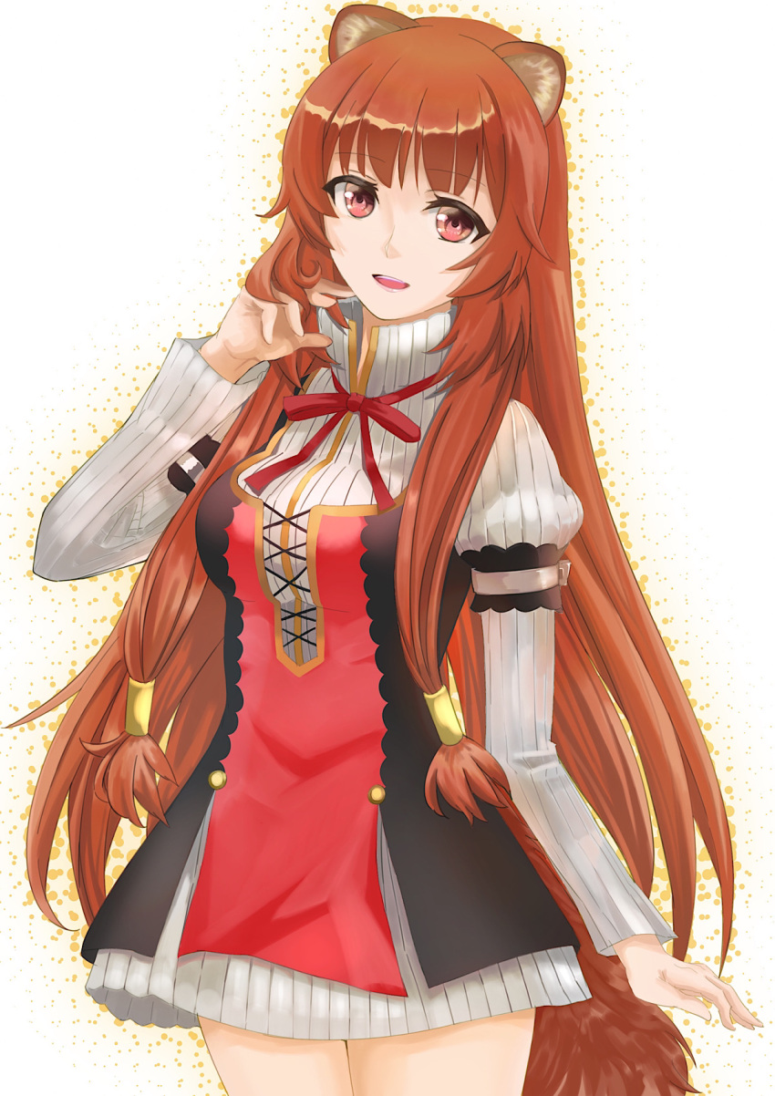 1girl, :d, animal_ear_fluff, animal_ears, black_dress, blunt_bangs, breasts, brown_hair, collared_dress, commentary_request, cowboy_shot, dress, frilled_arm_cuffs, glowing, hair_tubes, hand_up, high_collar, highres, impossible_clothes, impossible_dress, long_hair, long_sidelocks, long_sleeves, looking_at_viewer, medium_breasts, melgrad31, metal_arm_cuffs, metal_hair_tubes, neck_ribbon, open_collar, open_mouth, orange_outline, outline, partial_commentary, pinstripe_dress, pinstripe_pattern, procreate_(medium), raccoon_ears, raccoon_girl, raccoon_tail, raphtalia, red_dress, red_eyes, red_ribbon, ribbon, short_dress, sidelocks, simple_background, sleeveless, sleeveless_dress, smile, solo, standing, straight_hair, tail, tate_no_yuusha_no_nariagari, teeth, tongue, two-tone_dress, white_background, white_dress, yellow_trim