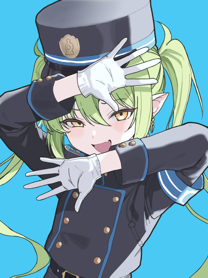 1girl, :d, armband, arms_across_body, arms_up, blue_archive, blue_armband, blue_background, blush, buttons, commentary, daisuke_(beatmania), dianpingdawang, double-breasted, earrings, fang, gloves, green_hair, hair_between_eyes, hat, highres, jewelry, long_hair, long_sleeves, looking_at_viewer, missing_halo, nozomi_(blue_archive), open_hands, open_mouth, peaked_cap, pointy_ears, pose_imitation, posing, simple_background, skin_fang, smile, solo, twintails, untranslatable_commentary, upper_body, white_gloves, yellow_eyes