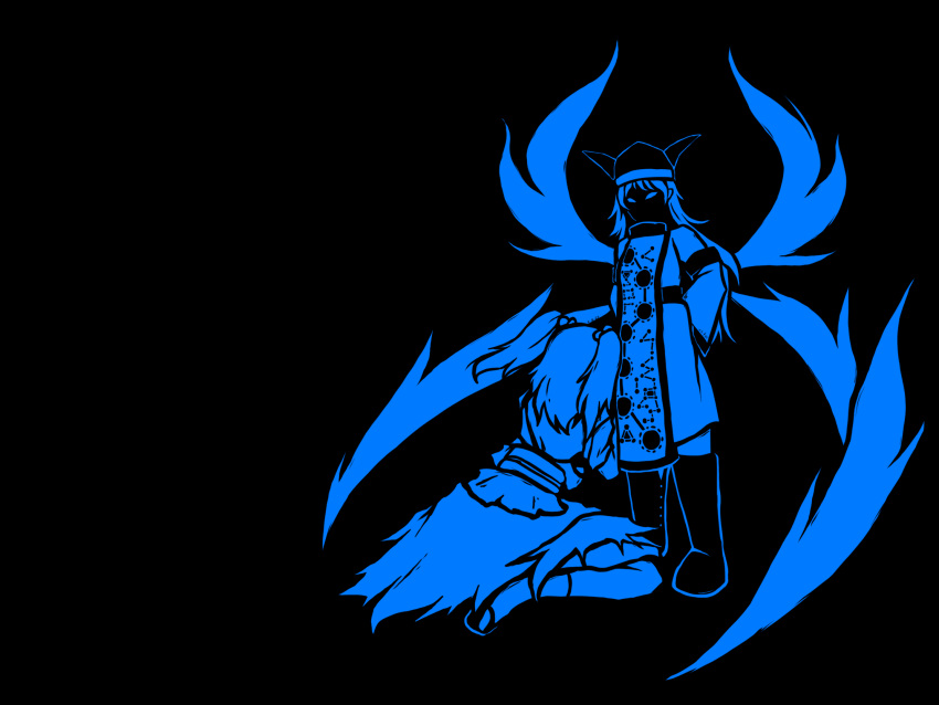 1girl, 2girls, album_cover_redraw, arms_behind_back, arrow_(symbol), blue_theme, boots, commentary