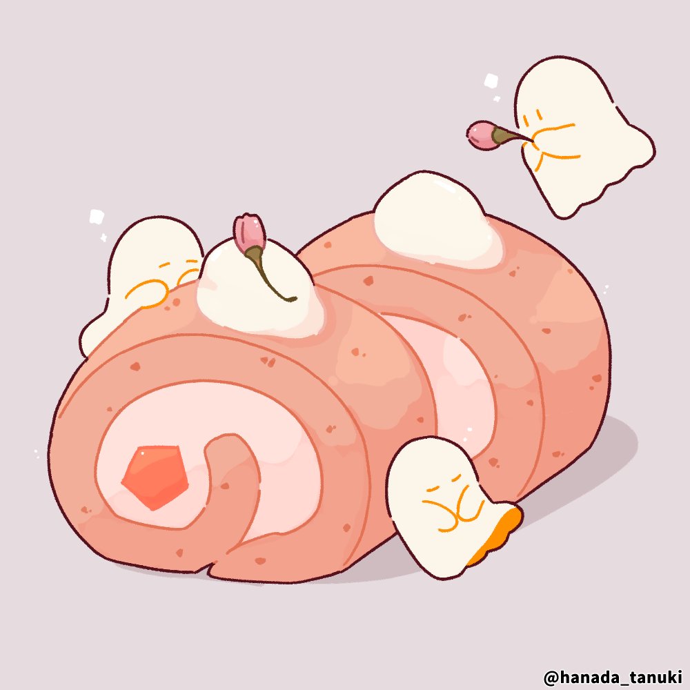 artist_name, bud, cake, cake_slice, commentary_request, floating, food, food_focus, ghost, grey_background, hanada_tanuki, holding, no_humans, on_food, original, sheet_ghost, simple_background, swiss_roll