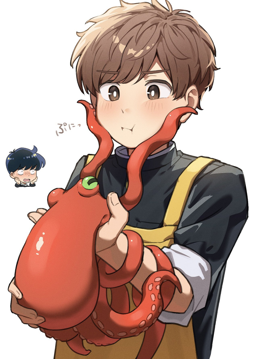 2boys, animal, apron, black_hair, blush, brown_eyes, brown_hair, closed_mouth