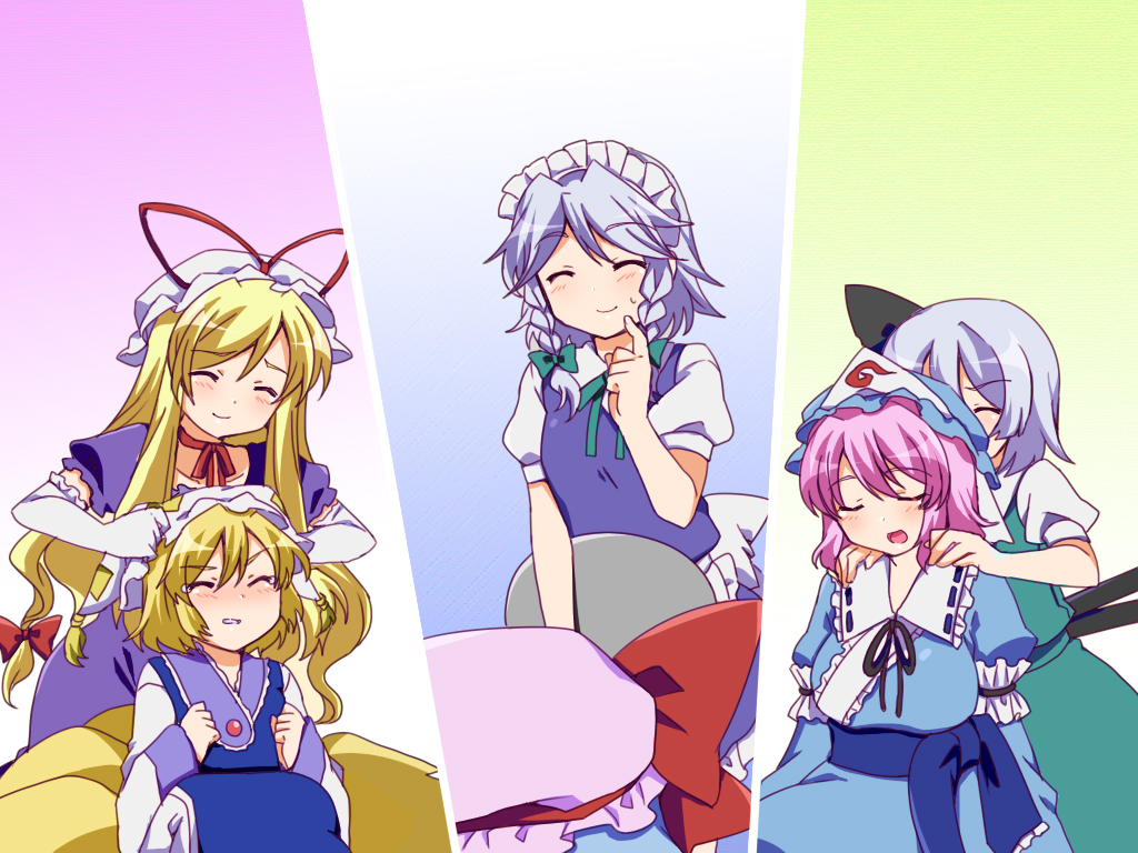 ^_^, adaajt, blonde_hair, blue_dress, blue_hair, blush, braid, closed_eyes