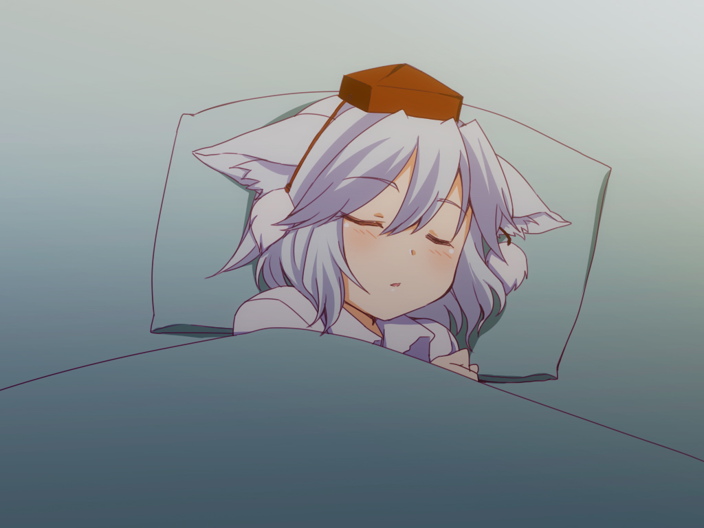 adaajt, animal_ears, blanket, hat, inubashiri_momiji, pillow, short_hair, silver_hair