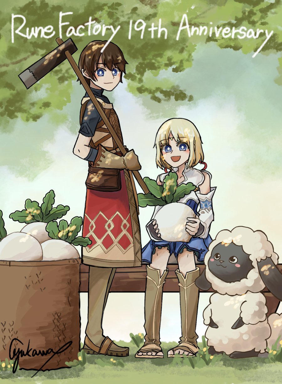 1boy, 1girl, 1other, anniversary, bare_shoulders, blonde_hair, blue_eyes, brown_hair