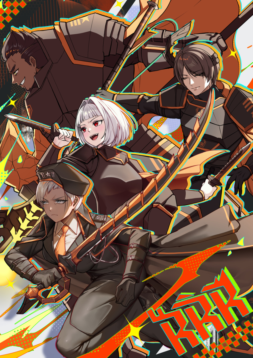 2boys, 2girls, asdf_(rokiru08), black_jacket, breasts, grey_hair, highres, holding
