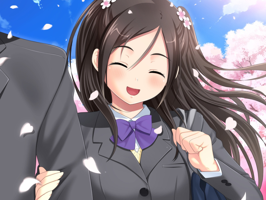 1boy, 1girl, :d, ^_^, bag, black_hair, blazer, blue_sky, blush, bow, bowtie, brown_hair, cherry_blossoms, closed_eyes, day, flower, game_cg, hair_flower, hair_ornament, hazuki_riko, highres, holding_another's_arm, jacket, long_hair, mebae_(game), nonohara_miki, open_mouth, outdoors, petals, purple_bow, school_bag, school_uniform, sky, smile, solo_focus, two_side_up, upper_body, variant_set