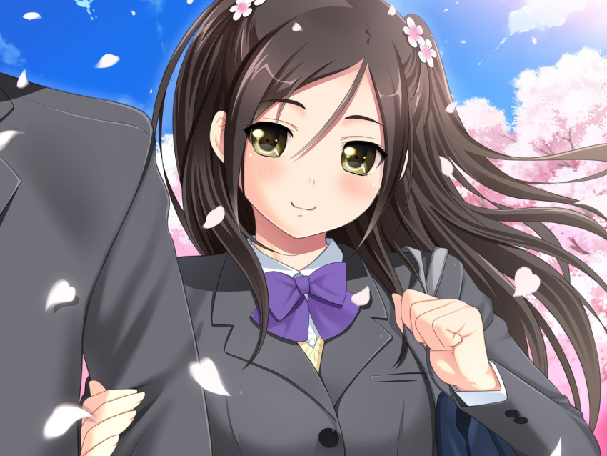 1boy, 1girl, bag, black_hair, black_jacket, blazer, blue_sky, blush