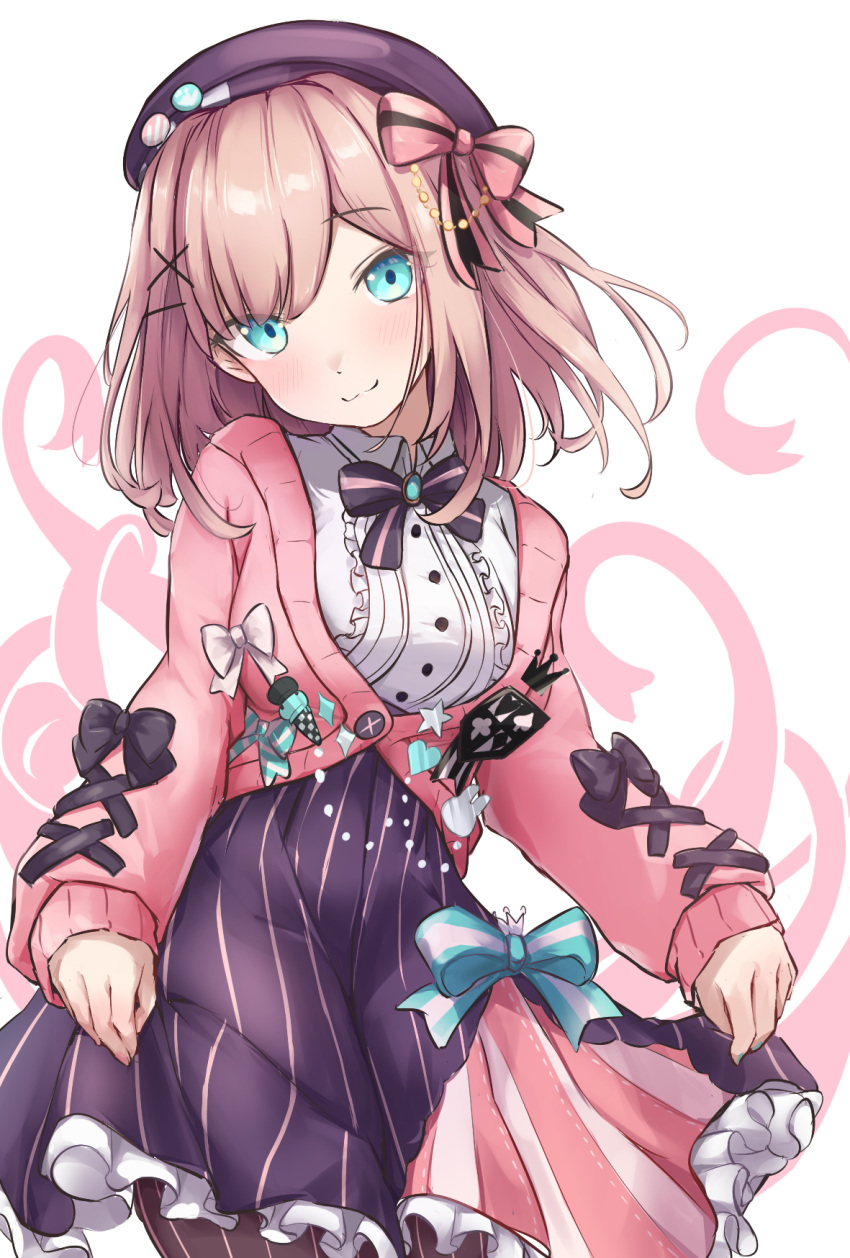 1girl, beret, black_bow, blush, bow, bowtie, breasts, brown_hair