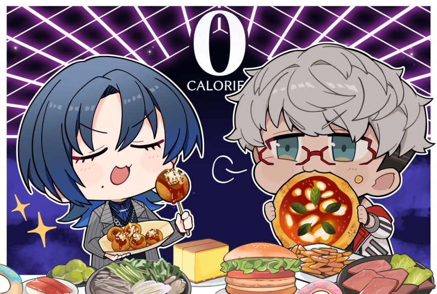 1boy, 1girl, aqua_eyes, arurandeisu, arurandeisu_(1st_costume), blue_hair, blush_stickers, burger