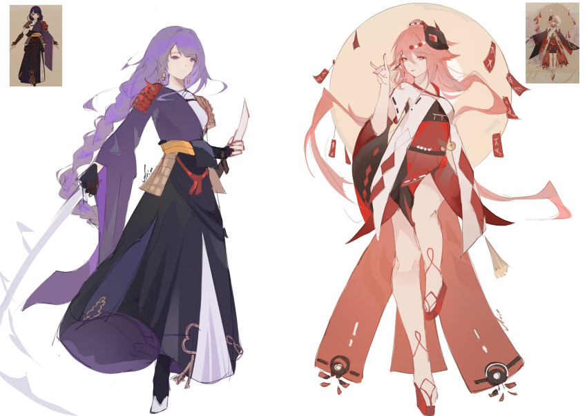 2girls, alternate_costume, alternate_universe, animal_ears, arm_guards, armor, black_gloves, blunt_bangs