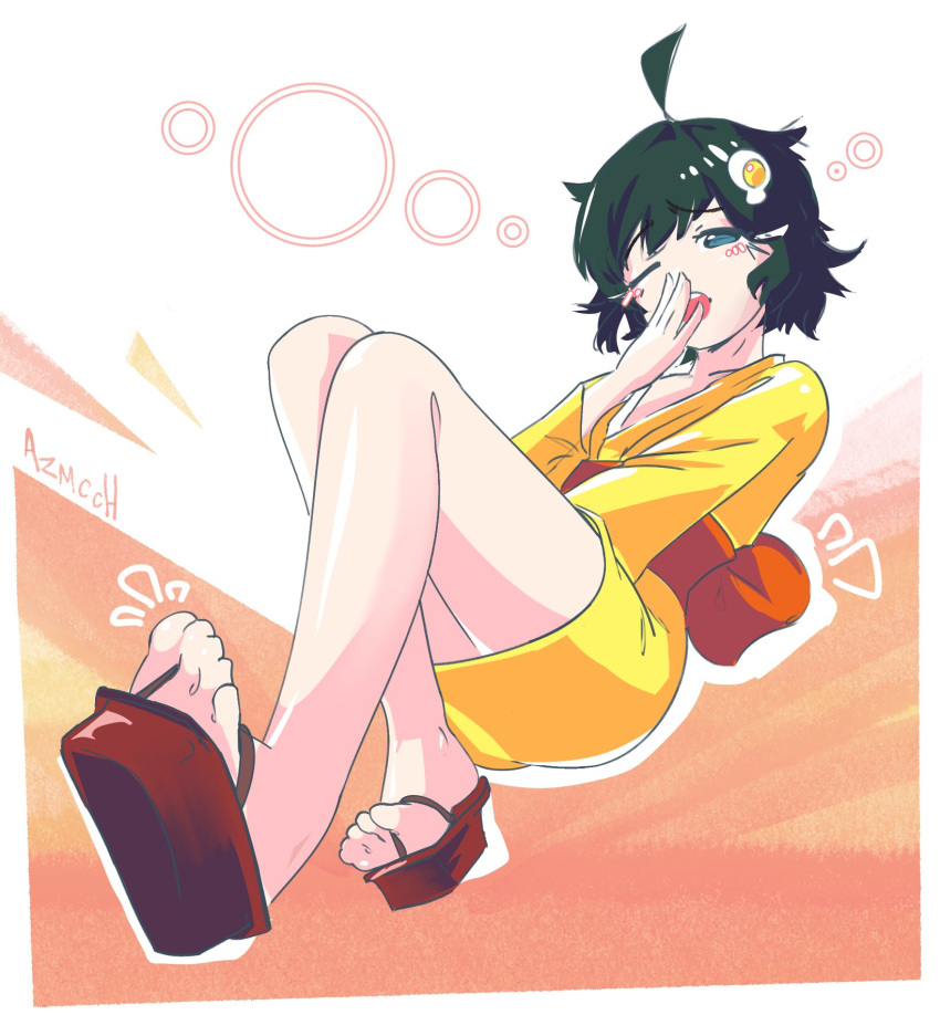 1girl, ahoge, araragi_tsukihi, azmcch, black_hair, blush, commentary, covering_own_mouth, egg_hair_ornament, english_commentary, feet, food-themed_hair_ornament, from_below, hair_ornament, hand_over_own_mouth, highres, japanese_clothes, kimono, knees_up, monogatari_(series), obi, one_eye_closed, open_mouth, platform_sandals, red_sash, sandals, sash, short_hair, signature, squeans, toes, yawning, yellow_kimono