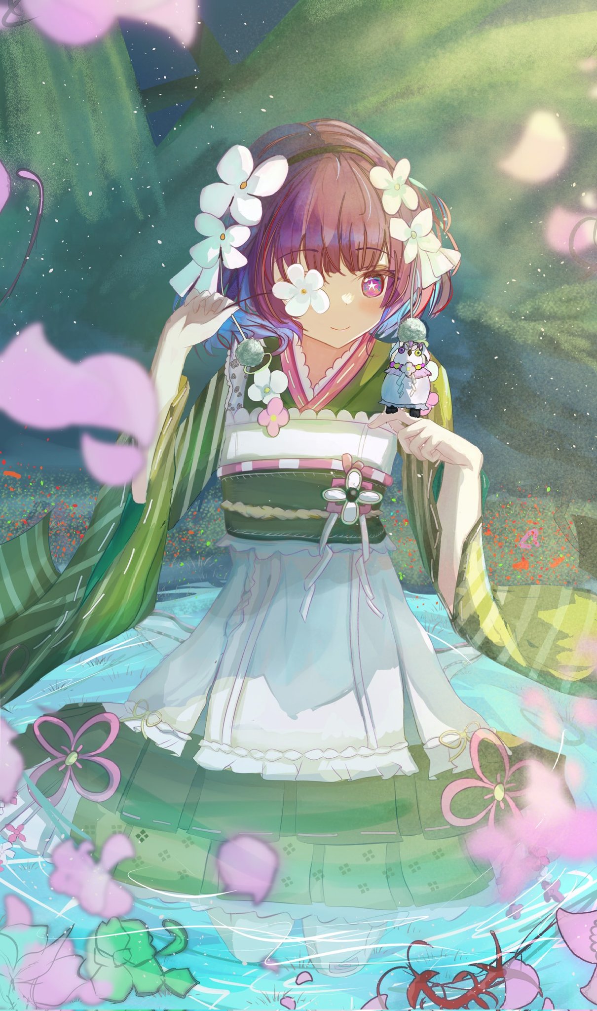 1girl, aijaing333, apron, awawa_yumemi, blush, brown_hair, flower, flower_in_eye