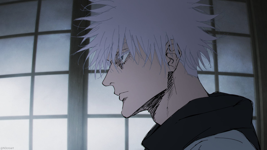 1boy, black_scarf, blue_eyes, coat, commentary_request, empty_eyes, from_side, gojo_satoru