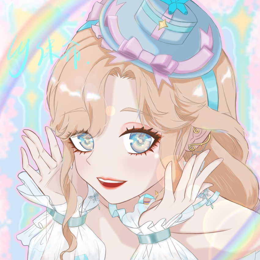1girl, absurdres, aqua_eyes, aqua_pupils, bare_shoulders, blonde_hair, blue_hairband, blue_hat, blue_ribbon, bow, chinese_commentary, collarbone, commentary_request, detached_sleeves, eyelashes, eyes_visible_through_hair, eyeshadow, frilled_sleeves, frills, hairband, hands_on_own_cheeks, hands_on_own_face, happy, hat, hat_bow, highres, infinity_nikki, light_blush, light_particles, lipstick, long_hair, long_sleeves, lymoxi10444, makeup, mini_hat, mini_top_hat, neck_ribbon, nikki_(series), open_mouth, parted_bangs, pink_background, pink_bow, pink_eyeshadow, pink_lips, puffy_long_sleeves, puffy_sleeves, rainbow, ribbon, see-through_clothes, see-through_sleeves, sidelocks, signature, sleeves_past_wrists, smile, solo, sparkle, stylist_(nikki), teeth, top_hat, upper_body, upper_teeth_only, wavy_hair, white_sleeves