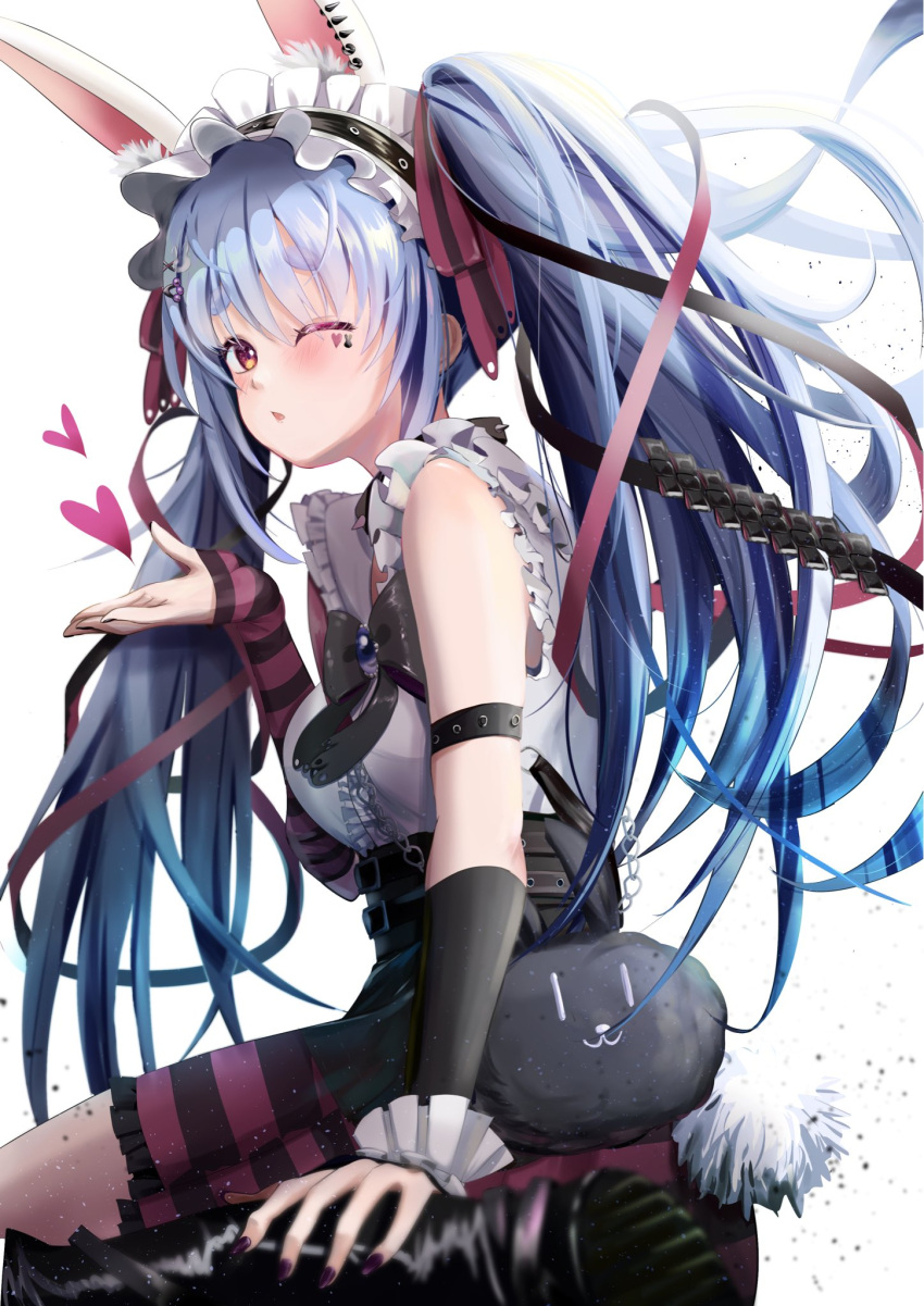 1girl, animal_ears, black_nails, black_shorts, blue_hair, blush, commentary, heart