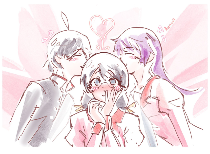 1boy, 2girls, ahoge, araragi_koyomi, azmcch, bisexual_female, black_hair, black_jacket