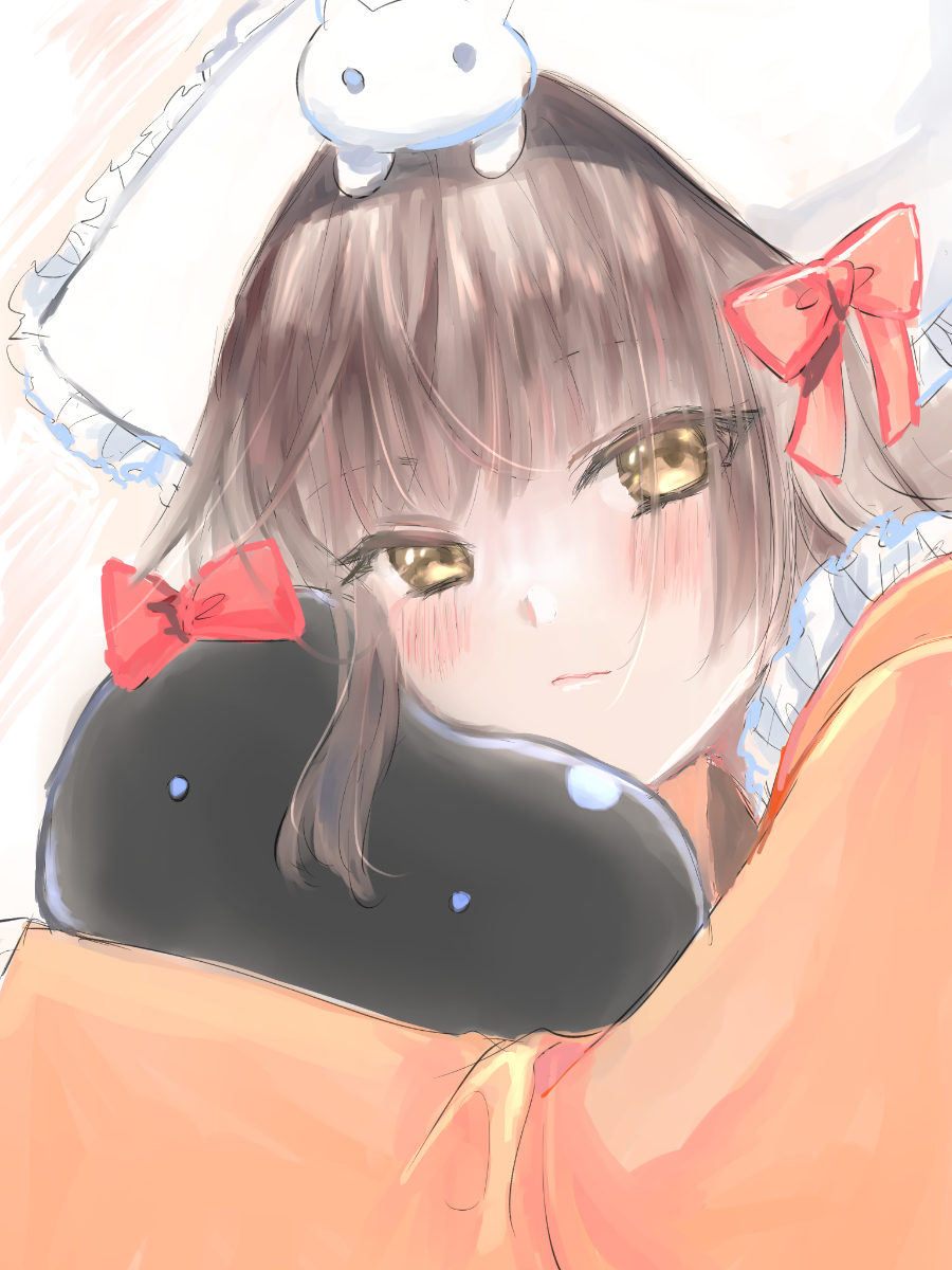 1girl, alternate_costume, animal_on_head, apron, asakura_karen_(heaven_burns_red), blush, bow, brown_hair, cat, cat_on_head, cheek_press, closed_mouth, commentary_request, creature_hug, dress, enmaided, eyes_visible_through_hair, hair_between_eyes, hair_bow, headscarf, heaven_burns_red, highres, hug, long_sleeves, looking_at_viewer, maid, maid_apron, narby_(heaven_burns_red), o_o, on_head, orange_dress, pink_background, red_bow, rin_0101010, sidelocks, simple_background, sketch, slime_(creature), solo, upper_body, white_headscarf, yellow_eyes