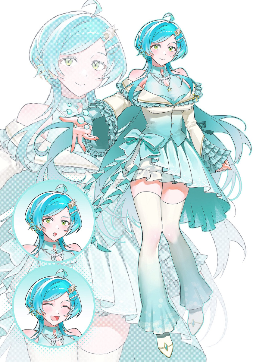 1girl, ahoge, april_fools, aqua_hair, baldstorm, bare_shoulders, bell_sleeves, bloomers