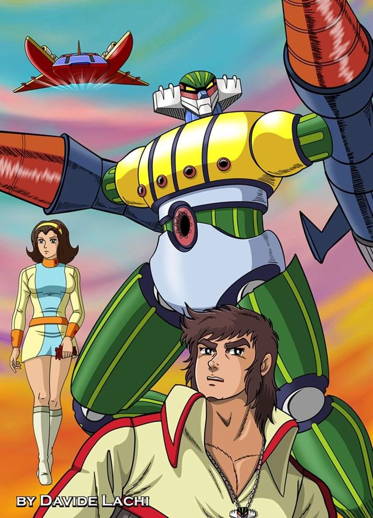 1970s_(style), 1boy, 1girl, brown_hair, davide_lachi, koutetsu_jeeg, koutetsu_jeeg_(mecha), koutetsushin_jeeg, mecha, poster_(medium), retro_artstyle, robot, shiba_hiroshi, super_robot, uzuki_miwa