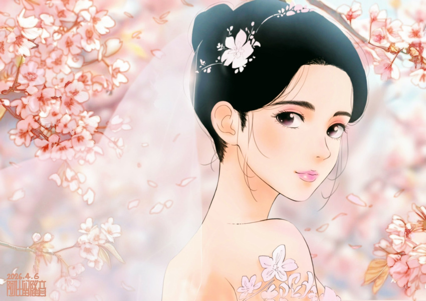 2026, abiru_takahiko, bare_shoulders, black_hair, bridal_veil, bride, character_name, character_request, cherry_blossoms, commentary_request, dated, flower, hair_flower, hair_ornament, head_back, highres, looking_at_viewer, looking_back, nippon_sangoku, pink_lips, solo, veil